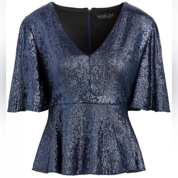 NWT Rachel Zoe Women's V Neck Clover Baby Doll Sequin Blouse in Navy Blue Size 4 - Picture 2 of 9